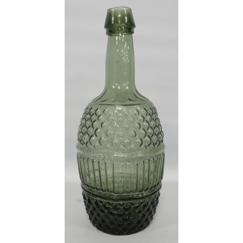 251 - 19th century green glass gurgle bottle decanter with pewter top, 35.5cm high, and two further green ... 