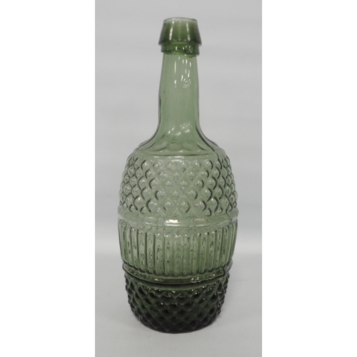 251 - 19th century green glass gurgle bottle decanter with pewter top, 35.5cm high, and two further green ... 