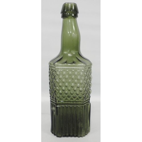 251 - 19th century green glass gurgle bottle decanter with pewter top, 35.5cm high, and two further green ... 