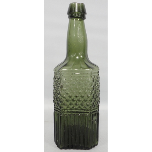 251 - 19th century green glass gurgle bottle decanter with pewter top, 35.5cm high, and two further green ... 