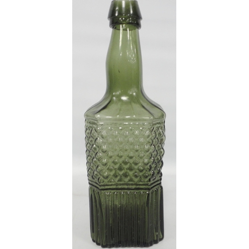 251 - 19th century green glass gurgle bottle decanter with pewter top, 35.5cm high, and two further green ... 