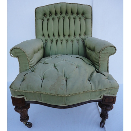 464 - Victorian walnut armchair upholstered in period green button-back moquette, on fluted squat feet, br... 