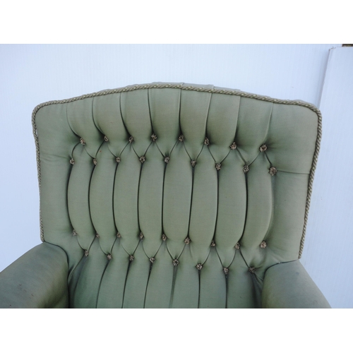 464 - Victorian walnut armchair upholstered in period green button-back moquette, on fluted squat feet, br... 