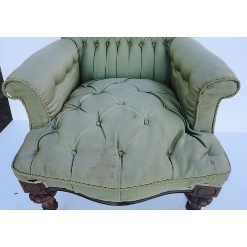 464 - Victorian walnut armchair upholstered in period green button-back moquette, on fluted squat feet, br... 