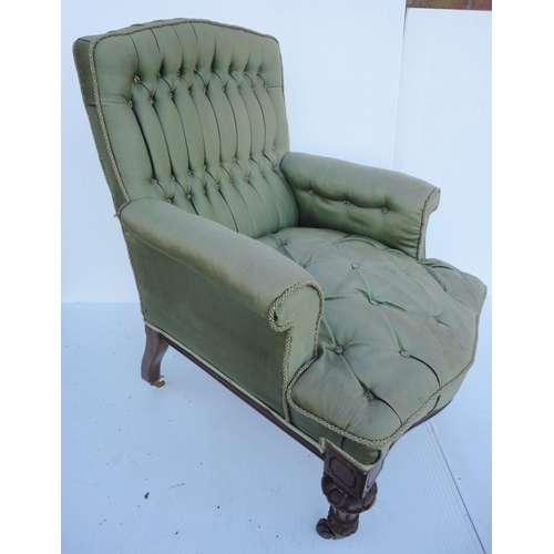 464 - Victorian walnut armchair upholstered in period green button-back moquette, on fluted squat feet, br... 