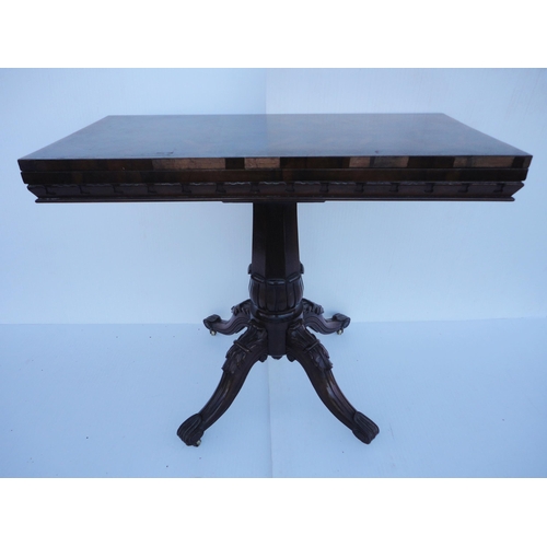 465 - Victorian rosewood card table with fold-over top opening to reveal a later baize-lined interior, on ... 