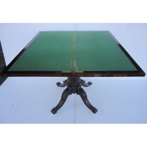 465 - Victorian rosewood card table with fold-over top opening to reveal a later baize-lined interior, on ... 