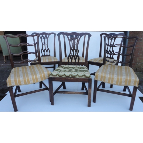 470 - Set of four Georgian mahogany dining chairs with pierced splats, fabric-covered slip-in seats, on ch... 