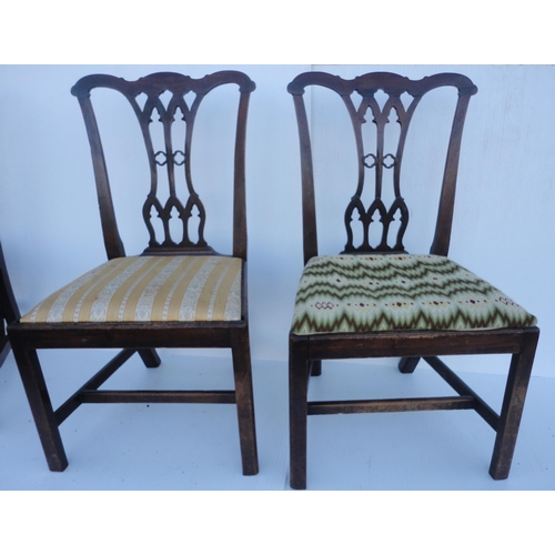 470 - Set of four Georgian mahogany dining chairs with pierced splats, fabric-covered slip-in seats, on ch... 