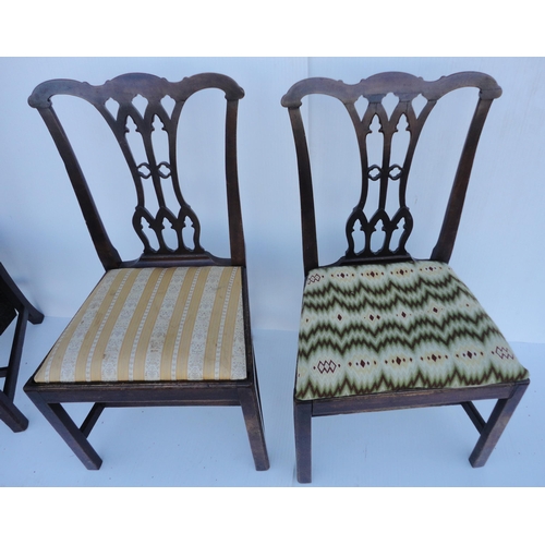 470 - Set of four Georgian mahogany dining chairs with pierced splats, fabric-covered slip-in seats, on ch... 