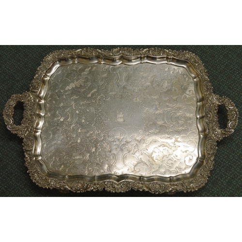 91 - Old Sheffield plated tea tray, flat chased with shaped moulded edge, scallop and foliate border, cre... 