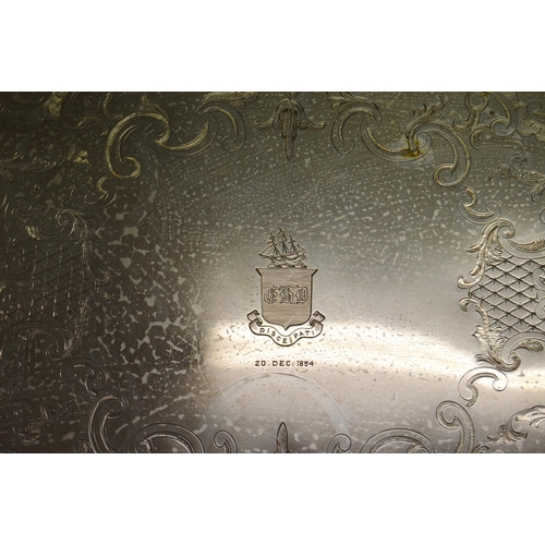 91 - Old Sheffield plated tea tray, flat chased with shaped moulded edge, scallop and foliate border, cre... 