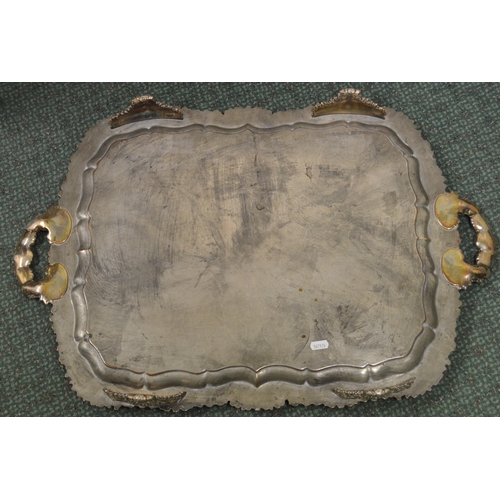 91 - Old Sheffield plated tea tray, flat chased with shaped moulded edge, scallop and foliate border, cre... 