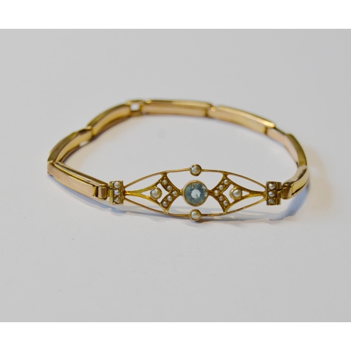 150 - Edwardian gold expanding bracelet with zircon and pearls, 5g.