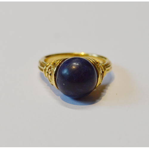 153 - Greek 18ct gold ring of Etruscan style by Illias Lalaounis with lapis ball between pierced cups, Imp... 