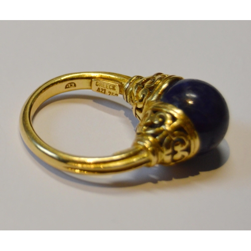 153 - Greek 18ct gold ring of Etruscan style by Illias Lalaounis with lapis ball between pierced cups, Imp... 