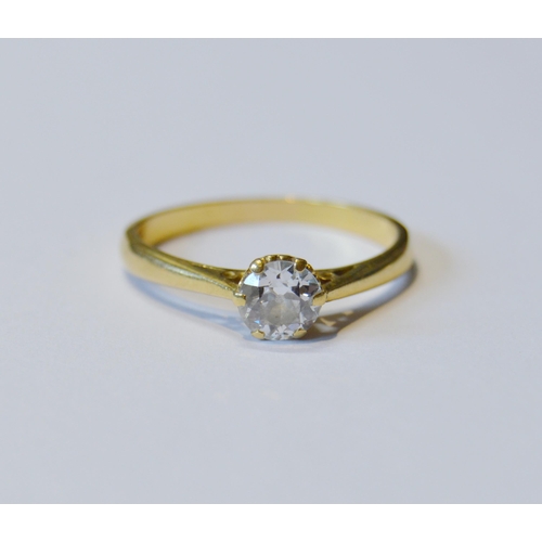 156 - Diamond solitaire ring with old-cut brilliant approximately .8ct, in 18ct gold, size U.