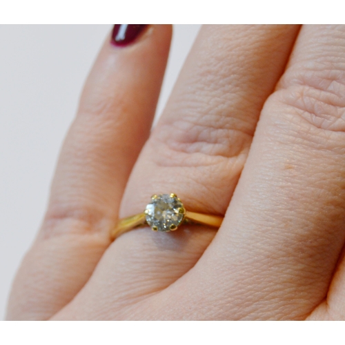 156 - Diamond solitaire ring with old-cut brilliant approximately .8ct, in 18ct gold, size U.