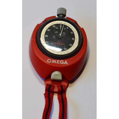 187 - Omega metal-cased stopwatch, the black dial with seconds dial and silvered outer track, single push ... 