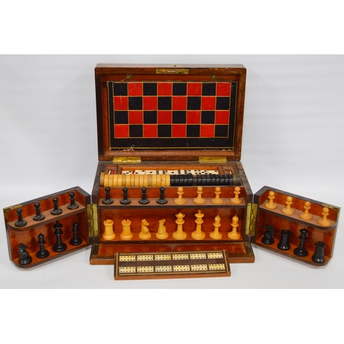 311 - Victorian burr walnut games compendium complete with chess board, backgammon board and horse racing ... 