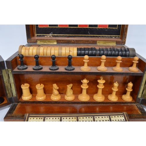 311 - Victorian burr walnut games compendium complete with chess board, backgammon board and horse racing ... 