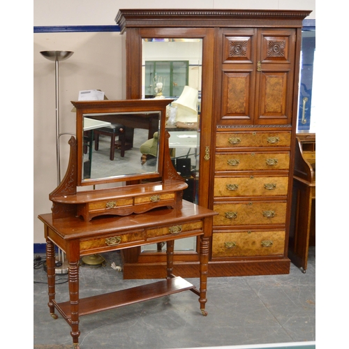 473 - Late Victorian walnut three-piece bedroom suite comprising a mirror-door wardrobe with two doors abo... 