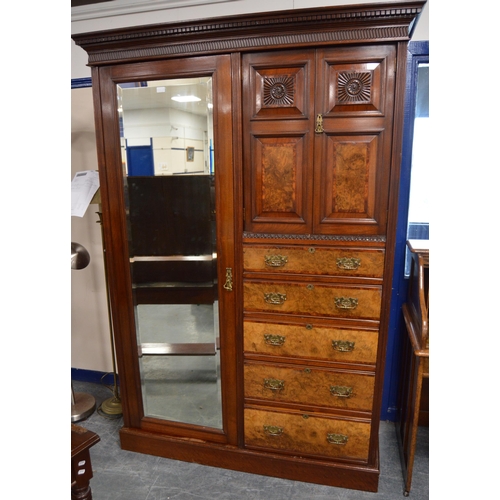 473 - Late Victorian walnut three-piece bedroom suite comprising a mirror-door wardrobe with two doors abo... 