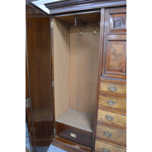 473 - Late Victorian walnut three-piece bedroom suite comprising a mirror-door wardrobe with two doors abo... 