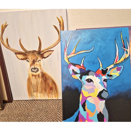 415 - Three canvas prints by Steven Brown, and one deer painting on canvas signed A Findlay