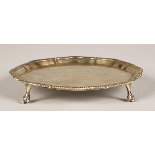 171 - Silver salver raised on four feet with centre inscription, assay marked London 1917, maker Thomas Br... 