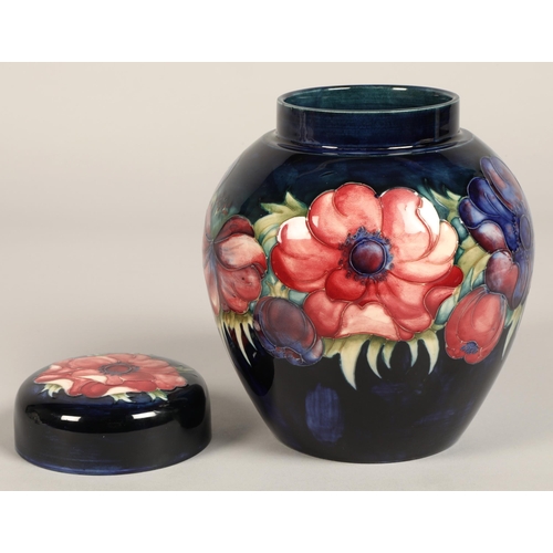 4 - Moorcroft pottery ginger jar with cover, blue ground with tube-lines stylised flowers, impressed mar... 