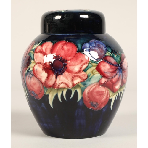 4 - Moorcroft pottery ginger jar with cover, blue ground with tube-lines stylised flowers, impressed mar... 