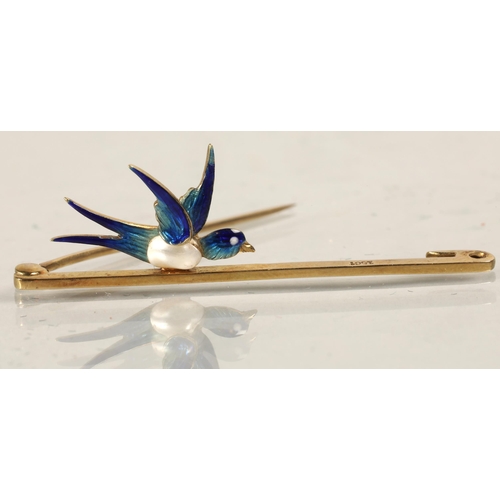 89 - Ladies 15ct gold bar brooch with mounted enameled swallow, 3.9 grams.