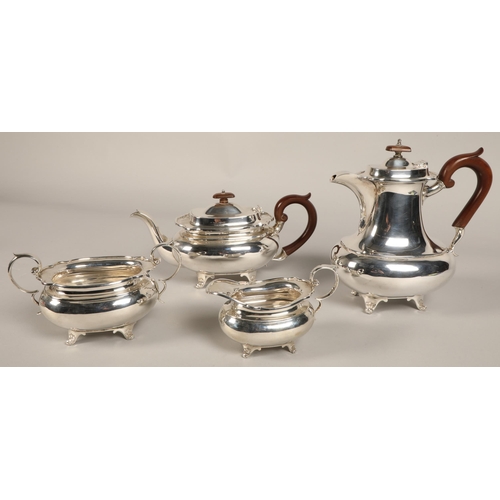 182 - Three piece silver tea service with silver plated coffee pot, assay marked Sheffield 1930, maker Joh... 