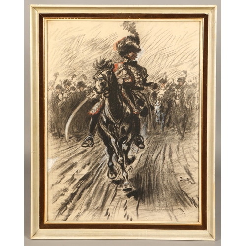 474 - Caran D' Ache (Russian/French 1858-1909)Framed charcoal and watercolour - signed'The Charge'61cm x 4... 