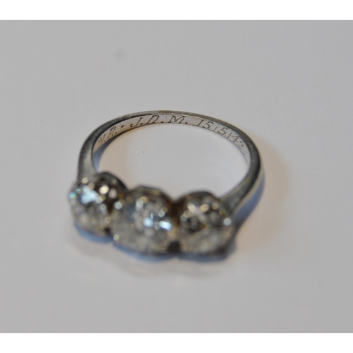 158 - Diamond three-stone ring set with three old brilliant-cut graduated stones in a claw setting, approx... 
