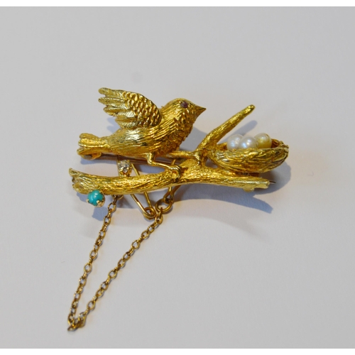 159 - 18ct gold diamond, turquoise and seed pearl brooch in the form of a bird perched on a naturalistic b... 