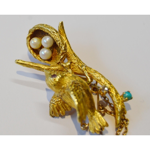 159 - 18ct gold diamond, turquoise and seed pearl brooch in the form of a bird perched on a naturalistic b... 