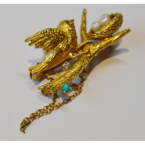 159 - 18ct gold diamond, turquoise and seed pearl brooch in the form of a bird perched on a naturalistic b... 