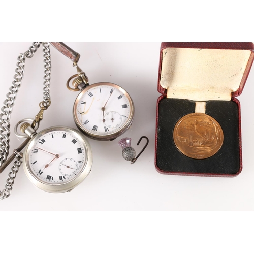 616 - WWI period blackened gun metal pocket watch, another base metal pocket watch and an ERII coronation ... 