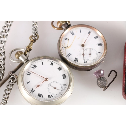 616 - WWI period blackened gun metal pocket watch, another base metal pocket watch and an ERII coronation ... 