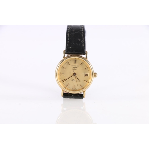 620 - 9ct gold Longines 'Presense' ladies Quartz wristwatch on black leather strap.