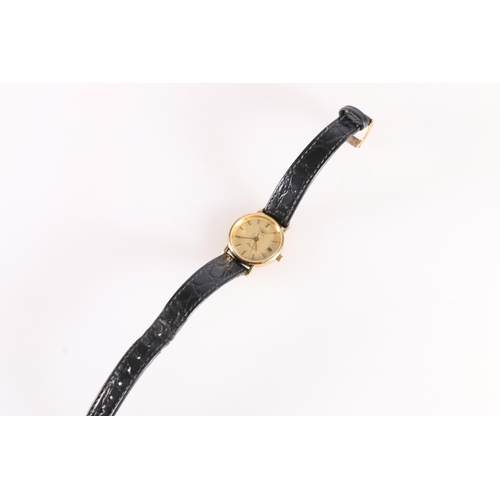 620 - 9ct gold Longines 'Presense' ladies Quartz wristwatch on black leather strap.