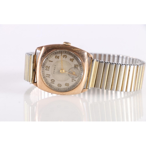 621 - 9ct gold Parex Gents wristwatch on later base metal expander bracelet.