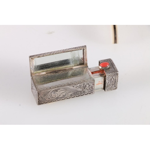 624 - 1920s continental white metal lipstick holder with integral pop-out mirror,  a silver bladed and mot... 