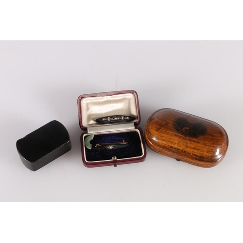 625 - Mauchline Ware Dunkeld Wood stud box with base metal cufflinks and button studs inside, two Victoria... 