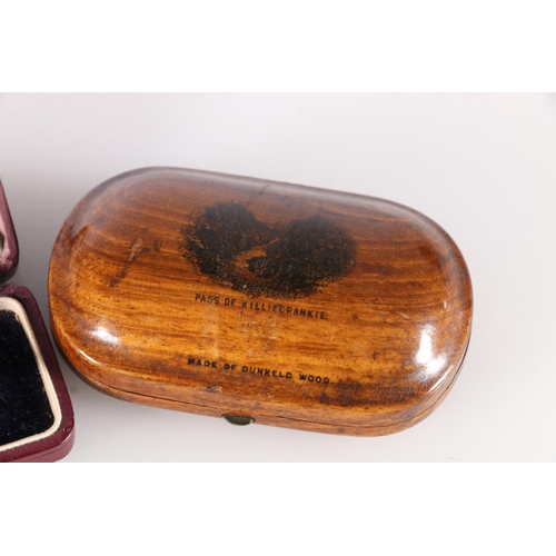 625 - Mauchline Ware Dunkeld Wood stud box with base metal cufflinks and button studs inside, two Victoria... 