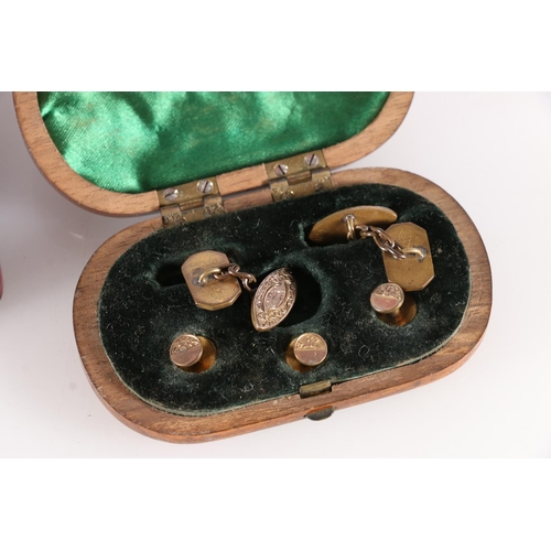 625 - Mauchline Ware Dunkeld Wood stud box with base metal cufflinks and button studs inside, two Victoria... 