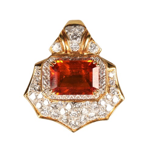 62 - Ladies 18ct yellow gold orange sapphire & diamond cluster pendant, central emerald cut orange sa... 