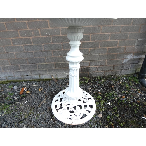 532 - Antique cast iron white painted bird bath, dished circular bowl decorated with two doves on reeded c... 